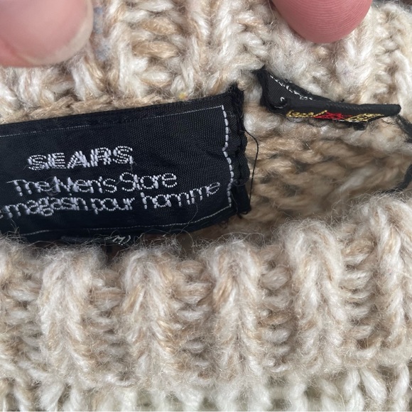 Vintage Chunky Knit Sweater Oversized Diamond Pattern Tan & Off White Sears Med - Picture 5 of 6